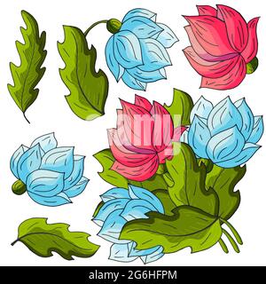 Peonies. Set of bouquets, inflorescences, leaves and flowers as separate elements. Blue and red peonies in hand drawing style. Vector flowers for card Stock Vector
