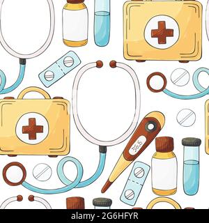 Seamless pattern. Cartoon medical instruments in hand draw style. Medical case, thermometer, stotoscope Stock Vector