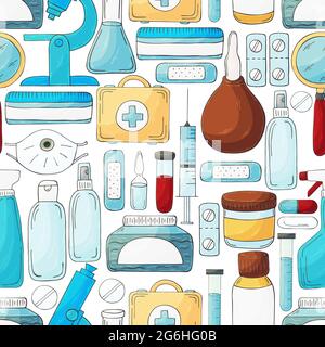 Seamless pattern on a white background. Cartoon medical instruments in hand draw style. Microscope, instruments Stock Vector