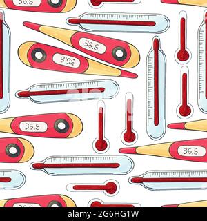 Seamless pattern on a white background. Cartoon medical instruments in hand draw style. Thermometers, thermometers, temperature measurement Stock Vector
