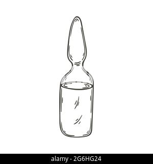 Contour Medical icon. Vector illustration in hand draw style. Image isolated on white background. Medical instrument. Glass vials with medications and Stock Vector