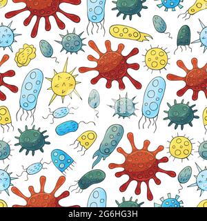 Seamless pattern with bacteria and viruses. Set of cartoon elements in hand draw style. Coronavirus Stock Vector