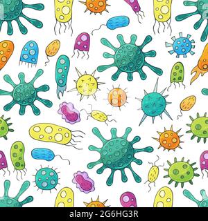 Seamless pattern with bacteria and viruses. Vector design elements. Set of cartoon microbes in hand draw style. Coronavirus, microorganisms Stock Vector