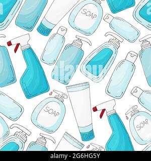Seamless pattern. Set of bathroom elements in hand draw style on a white background. Collection of cans, tubes. Antiseptic, toothpaste, gel Stock Vector