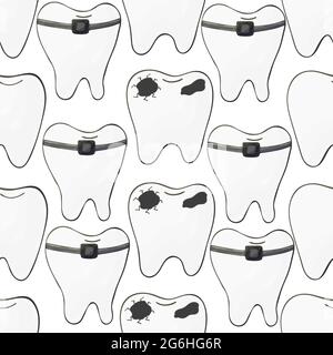 Vector Seamless pattern on a white background. Cartoon teeth in hand draw style. Background for packaging, advertising. Healthy teeth, caries, braces Stock Vector