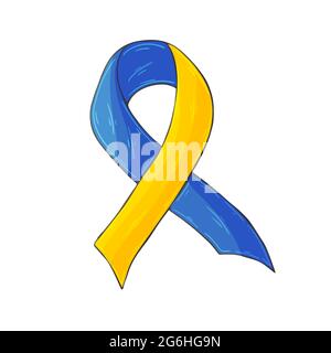 Vector icon in hand draw style. Image isolated on white background. Blue and yellow ribbon. Down syndrome problem Stock Vector