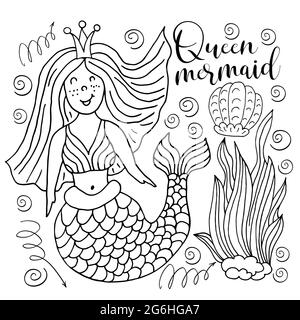 Cute postcard in hand draw style. Liner illustration. Picture on the marine theme. Mermaid queen Stock Vector