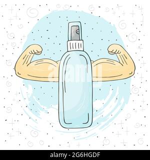 Fight against coronavirus vector concept. Antiseptic with strong hands, strong man. Vector illustration hand drawing design Stock Vector