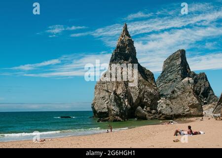 Sintra, Portugal - 26-06-scenic view of famous Praia da Ursa beach in Portugal in Sintra, a spectacular rocky beach among cliffs on the Atlantic Ocean Stock Photo