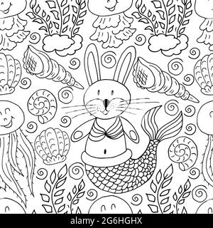Vector Seamless pattern in hand draw style. Liner illustration. Pattern, background on the marine theme. Bunny mermaid, seashells, seaweed Stock Vector