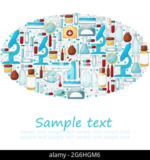 Oval Collection of vector illustrations, text. Laboratory doctor tools set in hand draw style. Analysis tools, virus search. Doctor's case, microscope Stock Vector