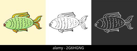 Icon set. Green fish. Marine theme icon in hand draw style. Cute childish illustration of sea life. Icon, badge, sticker, print for clothes Stock Vector