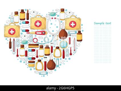 Heart Collection of vector illustrations, text. Set of doctor's tools in hand draw style. Ambulance doctor tools, medical case Stock Vector