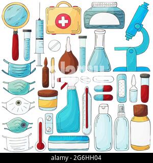 Collection of vector illustrations. Laboratory assistant doctor tools set in hand draw style. Analysis tools, virus search. Doctor's case Stock Vector