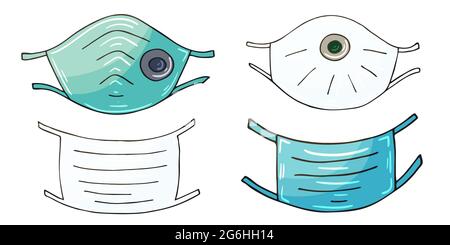 Set of masks in hand draw style. Set of vector illustrations. Collection of medical masks, respirators, virus protection Stock Vector