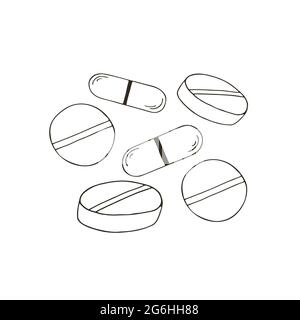 Outline Medical icon. Vector illustration in hand draw style. Image isolated on white background. Medical tools. Tablets, capsules, medicine Stock Vector