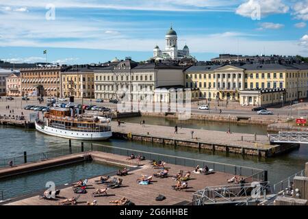 Market Square view from Allas Sea Pool Café and Terrace in Helsinki, Finland Stock Photo