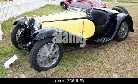 Three-quarters front view of a 1932, Bugatti Type 55, on display at the 2021 London Classic Car Show Stock Photo