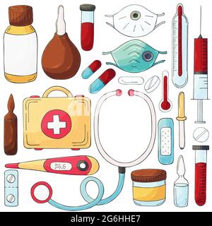 Medical instruments and doctor tools medicament in cartoon style medication  hospital health treatment vector illustration. Stock Vector