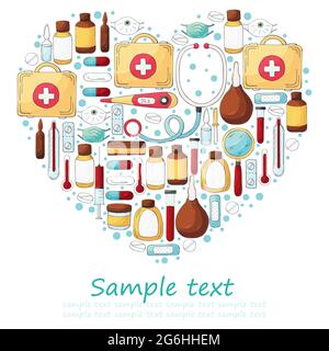 Heart Collection of vector illustrations, text. Set of doctor's tools in hand draw style. Ambulance doctor tools, medical case, medications, stethosco Stock Vector