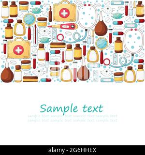Square flyer, banner. Set of doctor's tools in hand draw style. Ambulance doctor tools, medical case, medications, stethoscope, masks Stock Vector