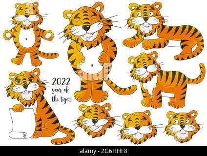 Set of tigers in hand draw style. Symbol of 2022. Faces of tigers. Collection New Year 2022 Stock Vector