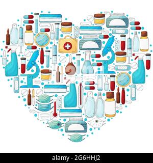 Heart Collection of vector illustrations. Laboratory assistant doctor tools set in hand draw style. Analysis tools, virus search. Doctor's case, micro Stock Vector