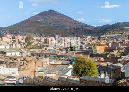 POTOSI, BOLIVIA - APRIL 18, 2015: Aerial view of Potosi, Bolivia. Cerro Rico (Rich Mountain) in background. Stock Photo