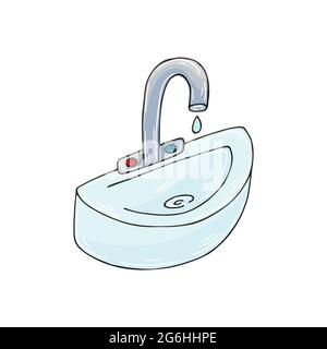 Vector icon in hand draw style. Isolated on white background. Bathroom and its components. Hygiene products. Faucet with water, sink Stock Vector