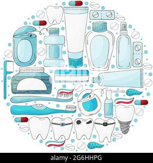 Round set of design elements. Set of elements for the care of the oral cavity in hand draw style. Teeth cleaning, dental health. Teeth, floss, brush, Stock Vector