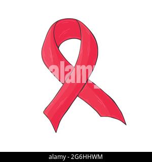 Vector icon in hand draw style. Image isolated on white background. Red ribbon. AIDS problem Stock Vector