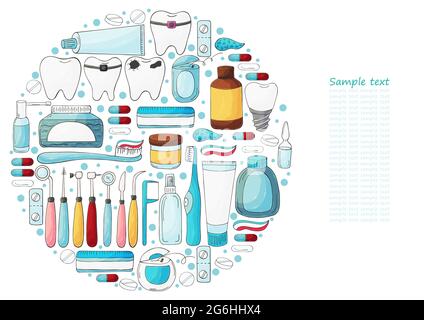 Round collection of vector illustrations, text. Set of elements for the care of the oral cavity in hand draw style. Teeth cleaning, dental instruments Stock Vector