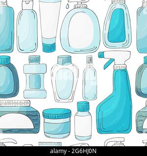 Collection of cans, packages, tubes. Antiseptic, toothpaste. Seamless pattern. Set of bathroom elements in hand draw style on a white background Stock Vector