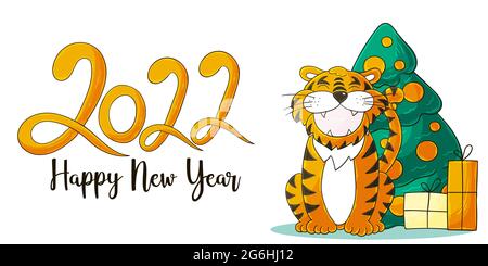 Symbol of 2022. Vector card with a tiger in hand draw style. New Year. Lettering 2022. Cartoon illustration Stock Vector
