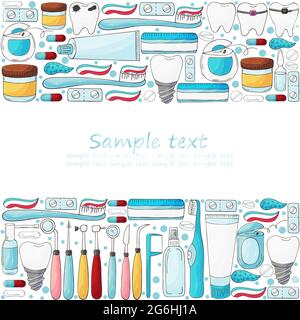 Rectangular frame, text. Set of elements for the care of the oral cavity in hand draw style. Teeth cleaning, dental health, dental instruments Stock Vector