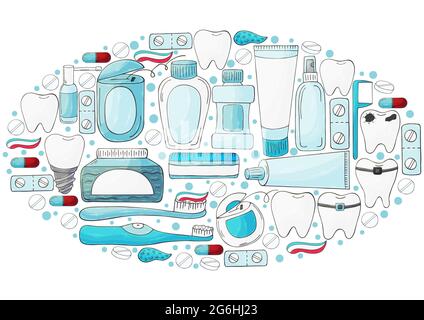 Oval set of design elements. Set of elements for the care of the oral cavity in hand draw style. Teeth cleaning, dental health. Teeth, floss, brush, p Stock Vector