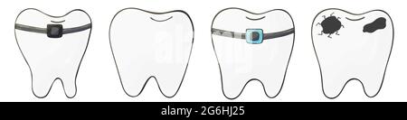 Rectangular flyer, banner. Set of teeth in hand draw style. Teeth collection with braces, caries, cracks and healthy teeth Stock Vector