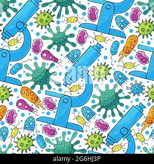 Seamless pattern bacteria and microbes. Search for viruses, microscope. Cartoon microbes in hand draw style. Coronavirus, bacteria, microorganisms Stock Vector