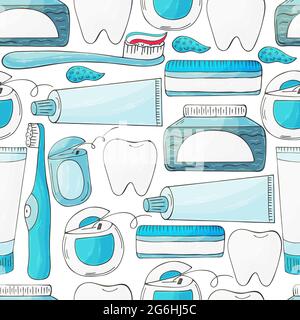 Seamless pattern on a white background. Cartoon elements in hand draw style. Background for packaging, advertising. Dental health, toothpaste Stock Vector