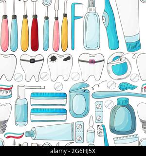Seamless pattern on a white background. Cartoon elements in hand draw style. Dental instruments. Dental health, toothpaste, toothbrush Stock Vector