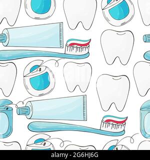 Seamless pattern on a white background. Cartoon elements in hand draw style. Background for packaging, advertising. Dental health, toothpaste, toothbr Stock Vector