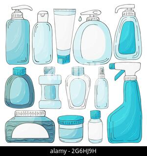 Vector set of design elements. Set of bathroom elements in hand draw style. Collection of cans, packages, tubes. Antiseptic, toothpaste, gel, soap, cr Stock Vector