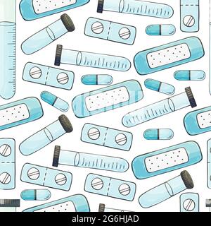 Seamless pattern. Cartoon medical instruments in hand draw style. Medical plaster, test tubes, pills Stock Vector
