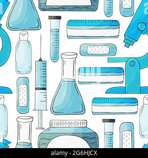Seamless pattern on a white background. Cartoon medical instruments in hand draw style. Microscope, laboratory research Stock Vector