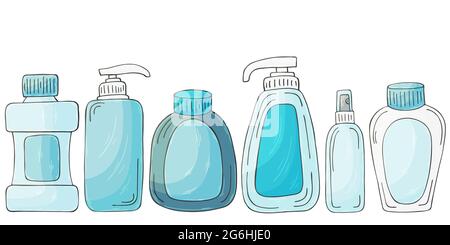 Vector set of design elements. Set of bathroom elements in hand draw style. Collection of cans, packages, tubes. Antiseptic, toothpaste, gel Stock Vector