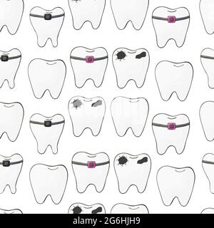 Seamless pattern on a white background. Cartoon teeth in hand draw style. Background for packaging, advertising. Healthy teeth, caries, braces Stock Vector