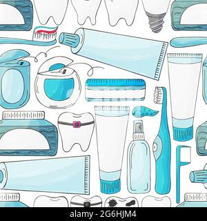 Seamless pattern. Cartoon elements in hand draw style. Background for packaging, advertising. Dental health, toothpaste, toothbrush Stock Vector