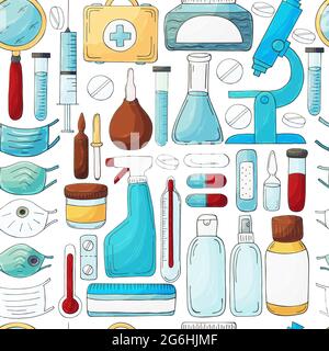 Seamless pattern on a white background. Cartoon medical instruments in hand draw style. Microscope, laboratory instruments. Virus scan Stock Vector