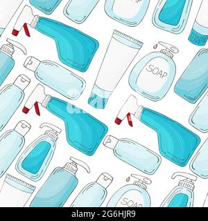 Seamless pattern. Set of bathroom elements in hand draw style on a white background. Collection of cans, packages, tubes. Antiseptic, gel Stock Vector