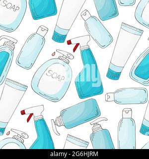 Seamless pattern. Set of bathroom elements in hand draw style on a white background. Collection of cans, packages, tubes. Antiseptic, toothpaste Stock Vector